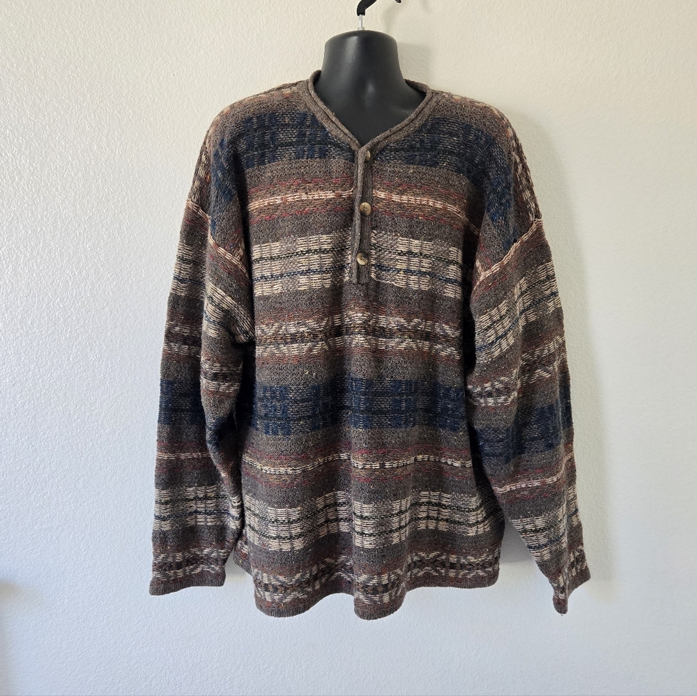 The Territory Ahead VTG Mens Sweater XXL Wool Blend Pullover Henley Fair Isle